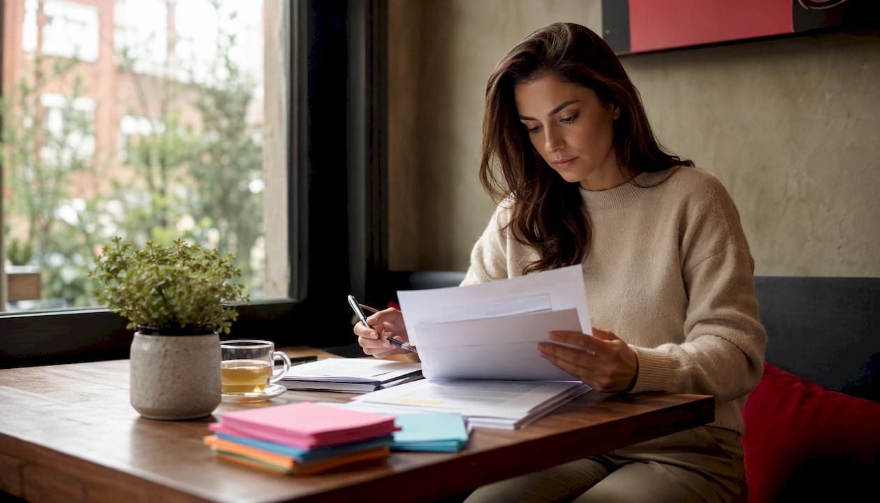 Woman reviewing marketing audit checklist documents